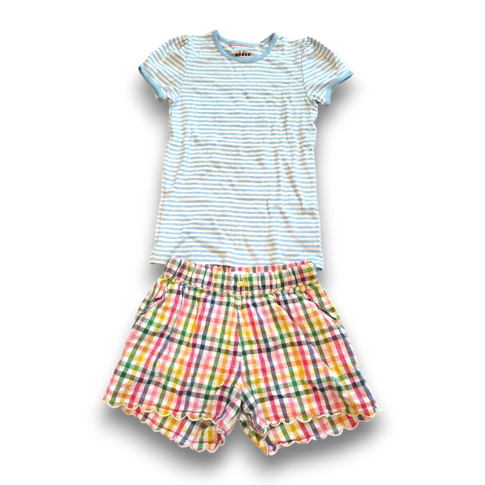 Mini Boden 2 Piece Outfit Plaid Shirts + Blue Striped Pointelle T Shirt Girls 11